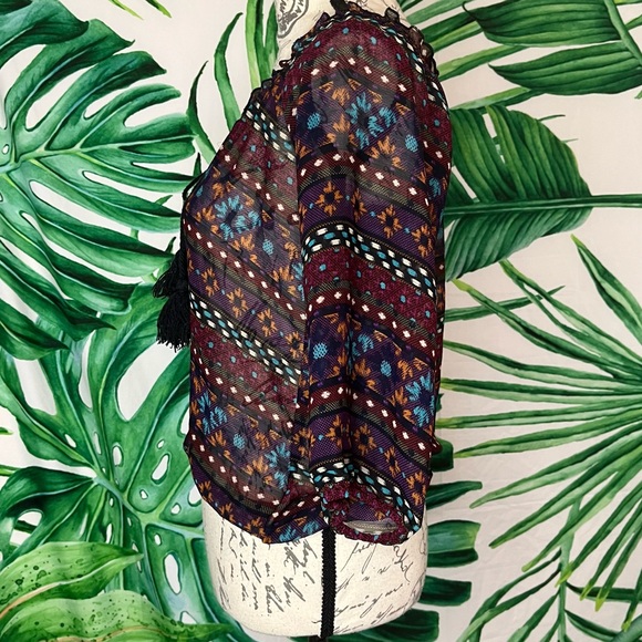 Olsenboye Small Red Black Sheer Boho Cropped Spring Summer Fall Blouse - Picture 2 of 6